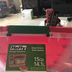 15 Qt Pink Clear Plastic Storage Tote with Green Lid Handle